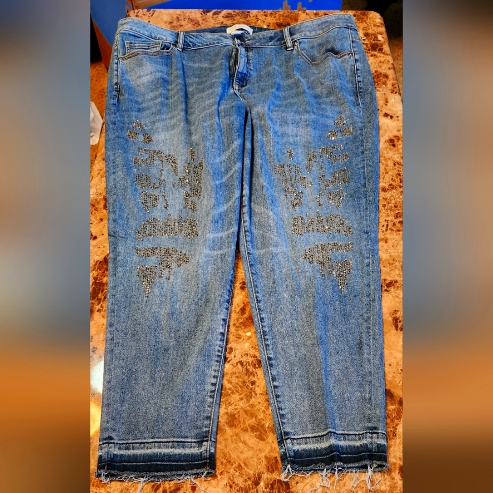 Women's Blue Jeans with Distressed Silver Rhinestone Detailing